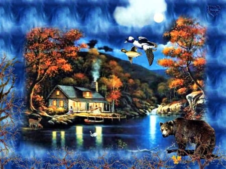 Wildlife Aerea - lake, bear, animals, cottage, pier, trees, birds, autumn