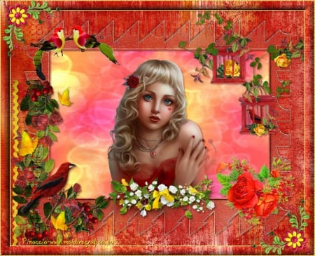 SWEET SEASON - female, roses, sweet, flowers, birds