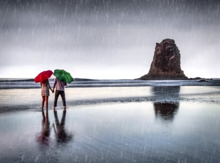 October rain - water, couple, October rain, beach