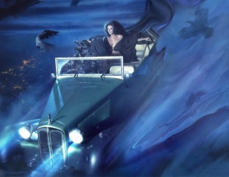 Driving in unlimited dimension - woman, fantasy, car, birds