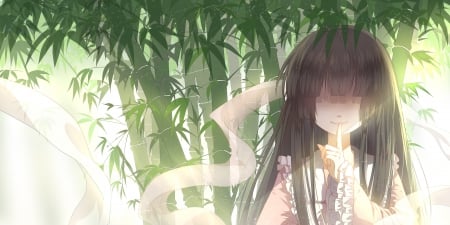 Kaguya Hourasain - dark hair, girl, long hair, solo, touhou, kaguya hourasain, finger on lips, fringe, anime, bamboo, manga