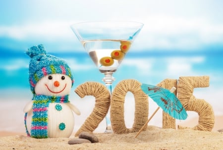 2015 - snowman, happy new year, beach, sea, holidays, sand, christmas, 2015, new year, magic christmas, xmas, merry christmas