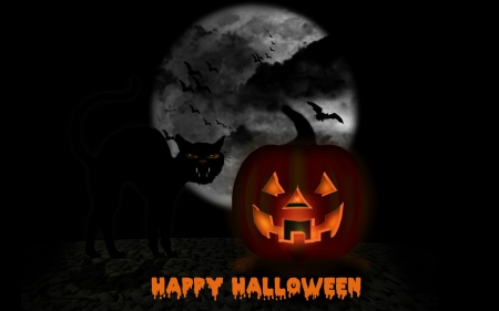 Happy Halloween - fall, halloween, cat, jack o lantern, pumpkin, candle, happy halloween, clouds, black cat, bats, full moon, moon, flame, autumn