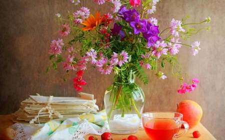 still life - still life, book, flower, fruits