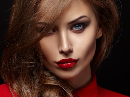 â™¥ - beauty, curls, hair, eyes, photography, make-up, black background, model, face, pretty, gorgeous face, blouse, look, actrattive girl, lady, girl, redlips, red lips, makeup