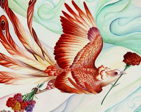 â™¥ - red, flower, painting, bird