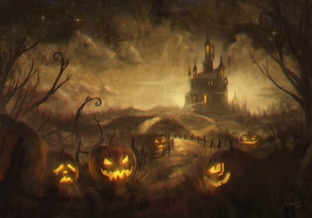 Jack-o'-Lanterns And Castle - halloween, pumpkins, bats, castle, road