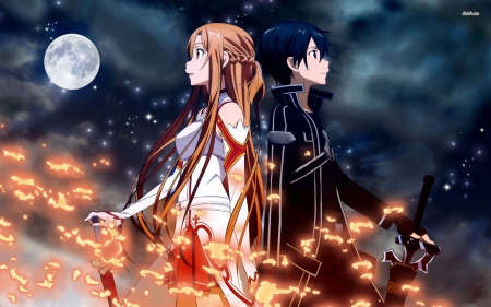 asuka and kirito - asuka, moon, kirito, swords