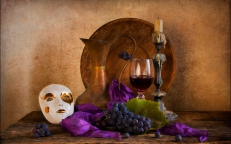 Still Life - flowers, wine, Still Life, mask, glass