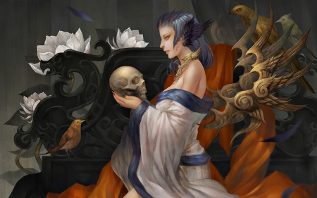 Chinese mythology 3 - bird, lotus, chinese mythology, girl, flower, orange, skull, fantasy, white, woman, wings, rororei, art