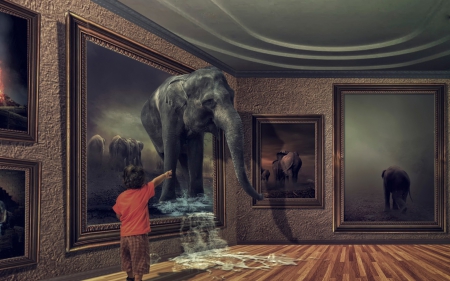 Situation - painting, elephant, situation, animal, child, creative, fantasy, museum