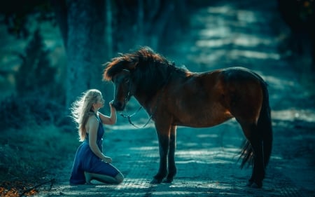 Beauty and... Beauty - blue, girl, blonde, beauty, horse, black, animal, woman, model