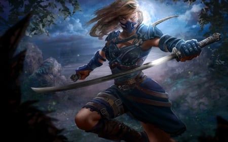 Samurai - sword, katana, game, girl, blue, art, fantasy, woman, samurai