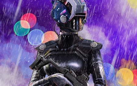 Cyborg - purple, fantasy, rain, robot, bokeh, cyborg, art