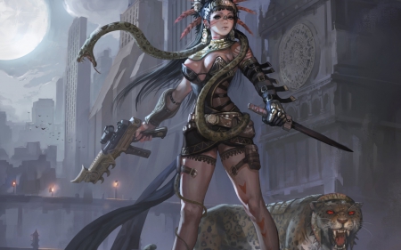 Fantasy girl - gun, girl, sword, tiger, fantasy, animal, knife, woman, art