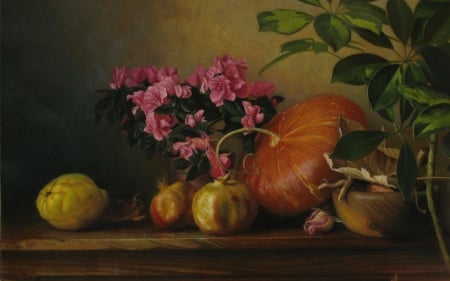 still life with pumpkin - beauty, art, still life, flower