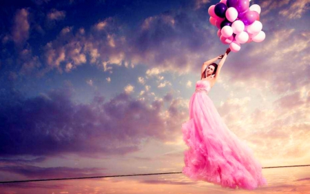 Pretty in Pink - pink, woman, balloon, sky