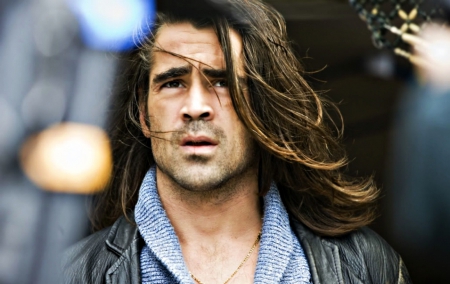 Colin Farrell - blue, man, actor, colin farrell, wind