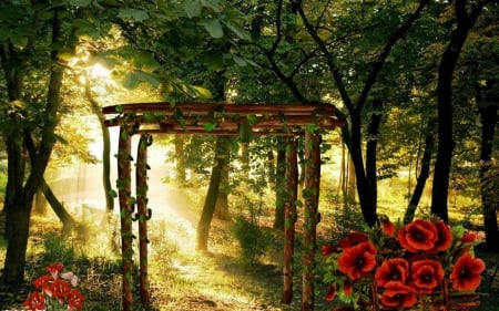 Enchanted Forest - arch, woods, forest, trees, flowers