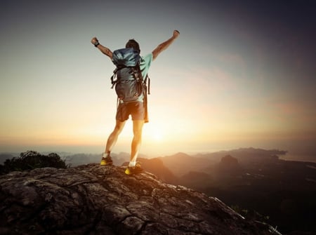 Hiker - top, of, mountain, on