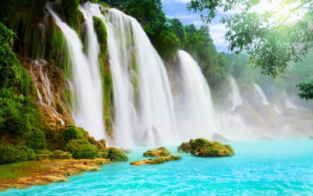 Beautiful Tropical Waterfalls - nature, waterfalls, turquoise, tropical