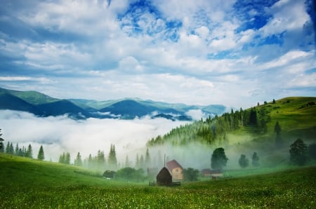 Landscape - sky, mountains, nature, village, view, clouds, green, splendor, grass