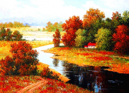 Autumn countryside - cottage, autumn, trees, countryside, colorful, lovely, foliage, nature, painting, view, art, fall, beautiful, river, house