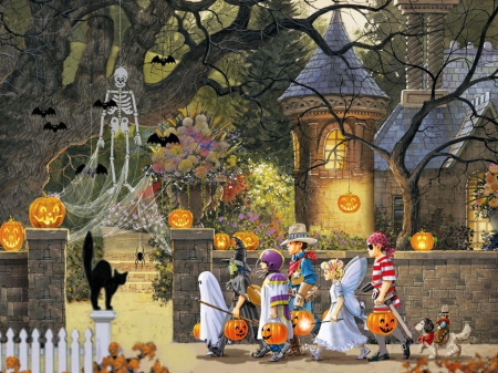Going to The Party - pumpkins, party, halloween, costumers, skeleton, cat, ghostly