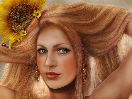 Summer-Gold - woman, sunflower, she, female, hair, eyes, beautiful, charming, flower