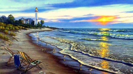 â˜…End of Perfect Dayâ˜… - beaches, attractions in dreams, lighthouses, summer, stunning, creative pre-made, nature, love four seasons, perfect day, beautiful, sunsets, scenery, canvas chairs, paintings, sea, birds