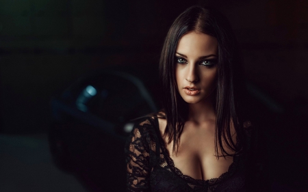 beauty in black - woman, women, beauty, skyphoenixx1, angel, female, girl, people, model, car, brunette