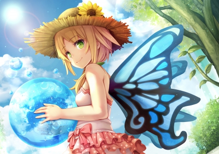 Fairy Ball - pretty, anime, kawaii, female, wing, blonde, blond hair, short hair, blond, hd, nice, sky, hat, anime girl, ball, beautiful, girl, blonde hair, beauty, lovely, sweet, wings, fairy, cute, adorable