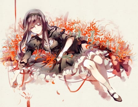 Black Flame - pretty, homura, anime, akemi, madoka magica, female, blossom, maiden, dress, long hair, lolita, nice, loli, gown, anime girl, akemi homura, laying, beautiful, girl, gothic, beauty, lovely, sweet, flower, black, mahou shoujo, lady, black hair, floral, lay