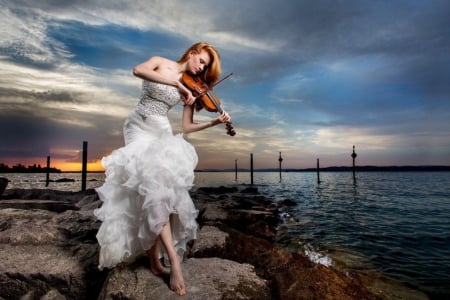 Beauty - beauty, woman, redhead, lady, photography, music, song, summer, sunset, instrument, model, white, violin, sea