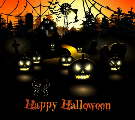 Black Halloween - abstract, spider, pumpkins, beautiful, lanterns, beauty, light, orange, dark, black, halloween, woods