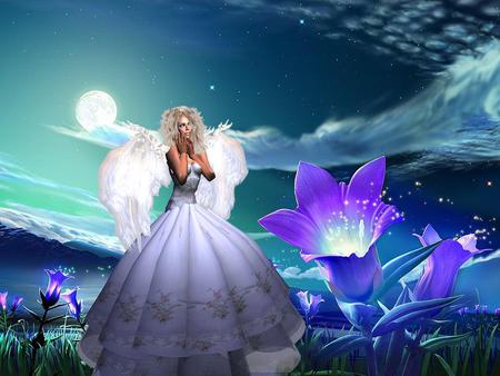 Angel - sky, fantasy, flowers, abstract, angel