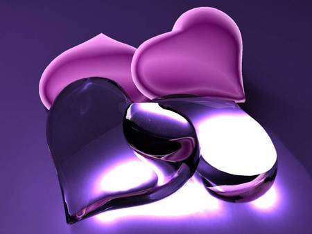 Purple Hearts - hearts, abstract, shining light, purple tones, 3d