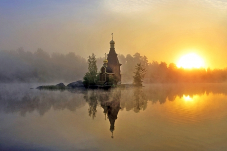 Autumn Sunrise - nature, lake, autumn, church, island, sunrise