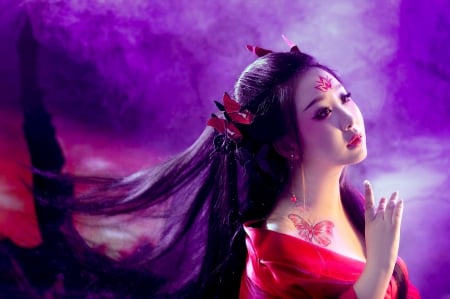 ASIAN LADY in RED - beauty, tattoo, butterfly, red, photography, asian, model