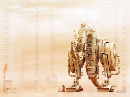 mechanical elephant - mechanical, gold, man, elephant