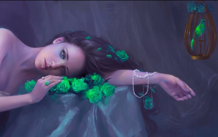 Beauty and green roses - wallpaper, digital, bird, beautiful, photoshop, girl, art, cg, roses, fantasy, lovely, woman, green