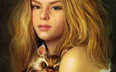 Fantasy girl - art, girl, animal, pet, fantasy, blonde