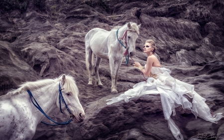 A beauty and two horses - horse, rock, purple, animal, beauty, bride, girl, dress, white, stone, woman