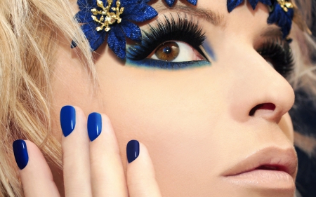 Beauty - woman, beauty, girl, fashion, make-up, model, manicure, face, hand, blue, flower