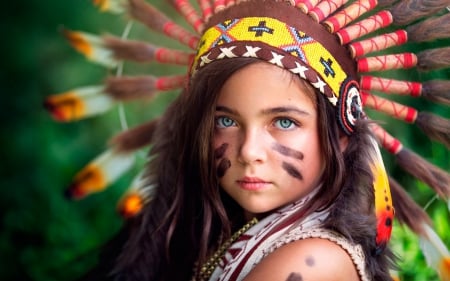 Little indian - hat, yellow, indian, girl, feather, child, colorful, red, green, little