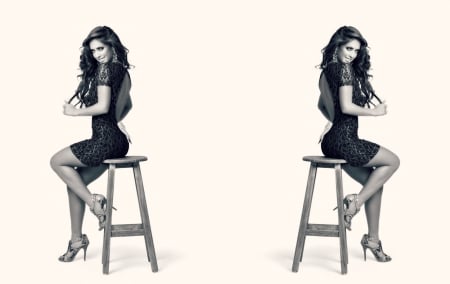 Anahi - anahi, black, actress, stilettos, collage, by cehenot, girl, chair, white, singer, shoes, woman