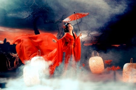 AUTUMN BEAUTY - lantern, flying, bneauty, umbrella, asian, autumn