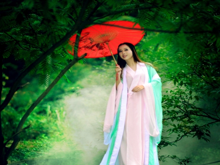 ASIAN BEAUTY - beauty, fashion photography, trees, umbrella, asian