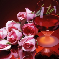 pink roses and glass of vine