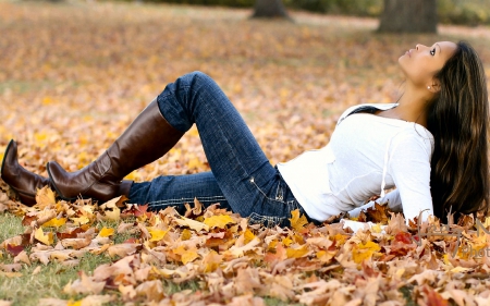 Autumn Cowgirl In Leaves - women, fun, trees, female, boots, models, western, leaves, girls, cowgirls, style, outdoors, famous